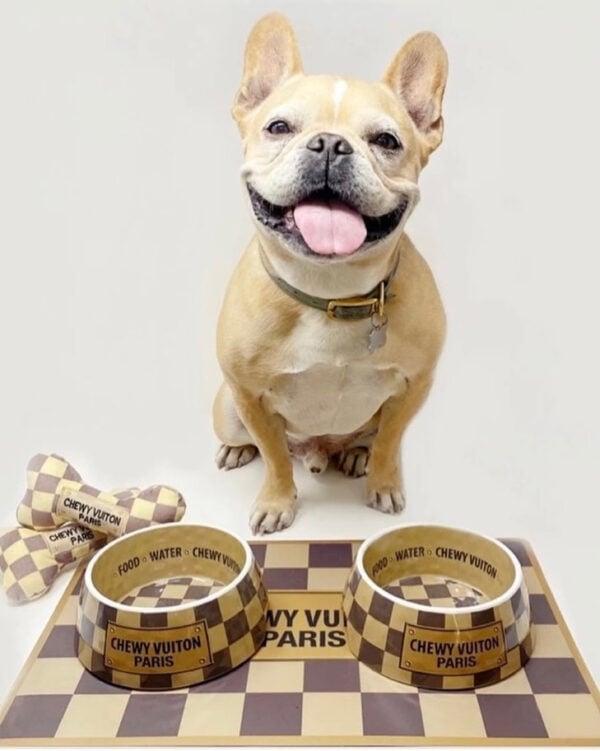 Chewy Vuitton Paris Designer Dog Bowl & Mat